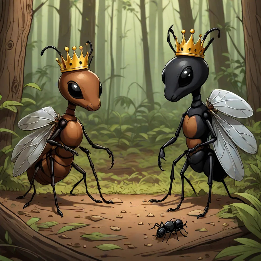 two anteaters with crowns on their heads in the woods by a tree trunk and a trail in the woods, fantasy art, a storybook illustration, Craola, 2 d game art
