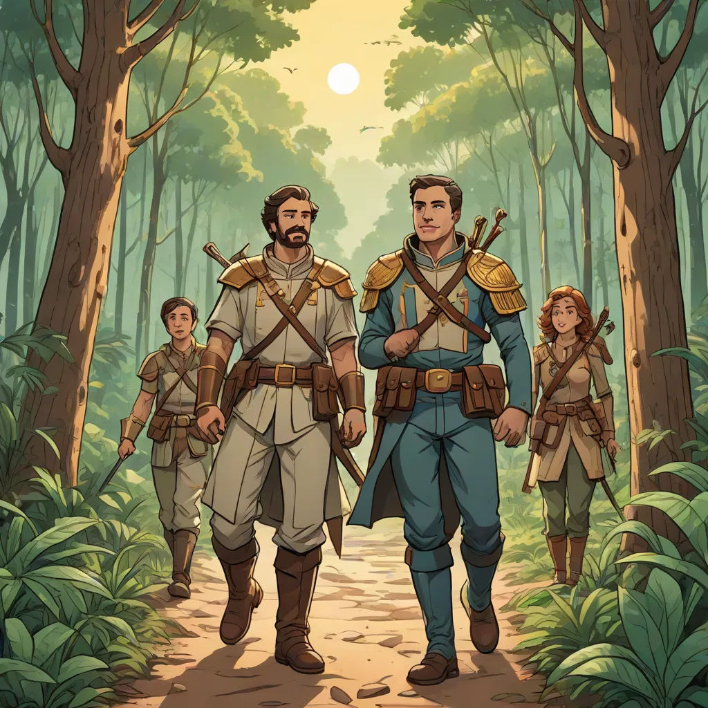 a group of people walking through a forest with trees and bushes on either side of them, with a man in the middle of the picture, fantasy art, a storybook illustration, Diego Gisbert Llorens, comic cover art