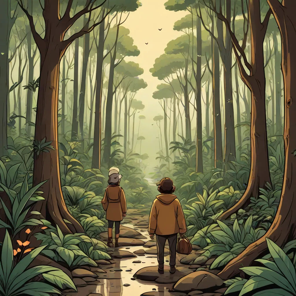 two people walking through a forest with a stream in the middle of the forest, with trees and rocks, environmental art, a storybook illustration, Asaf Hanuka, comic cover art