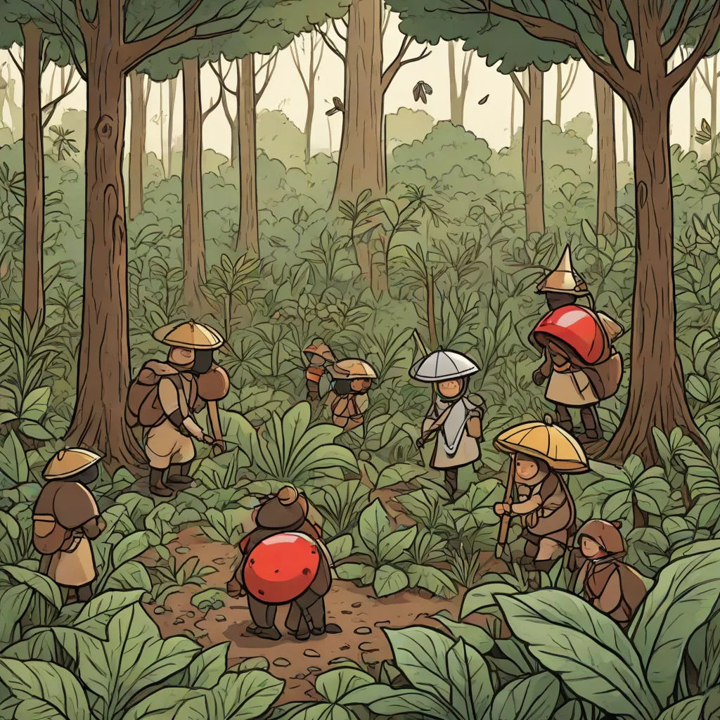 a group of people in the woods with mushrooms on their heads and in the woods with trees and plants, environmental art, a storybook illustration, Farel Dalrymple, jungle