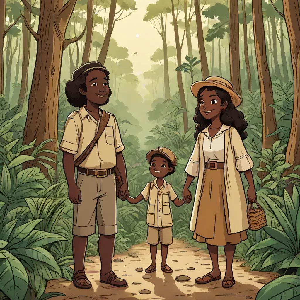 a man and woman holding hands while standing in the woods with a child on a dirt path in front of them, afrofuturism, a storybook illustration, Chinwe Chukwuogo-Roy, official art