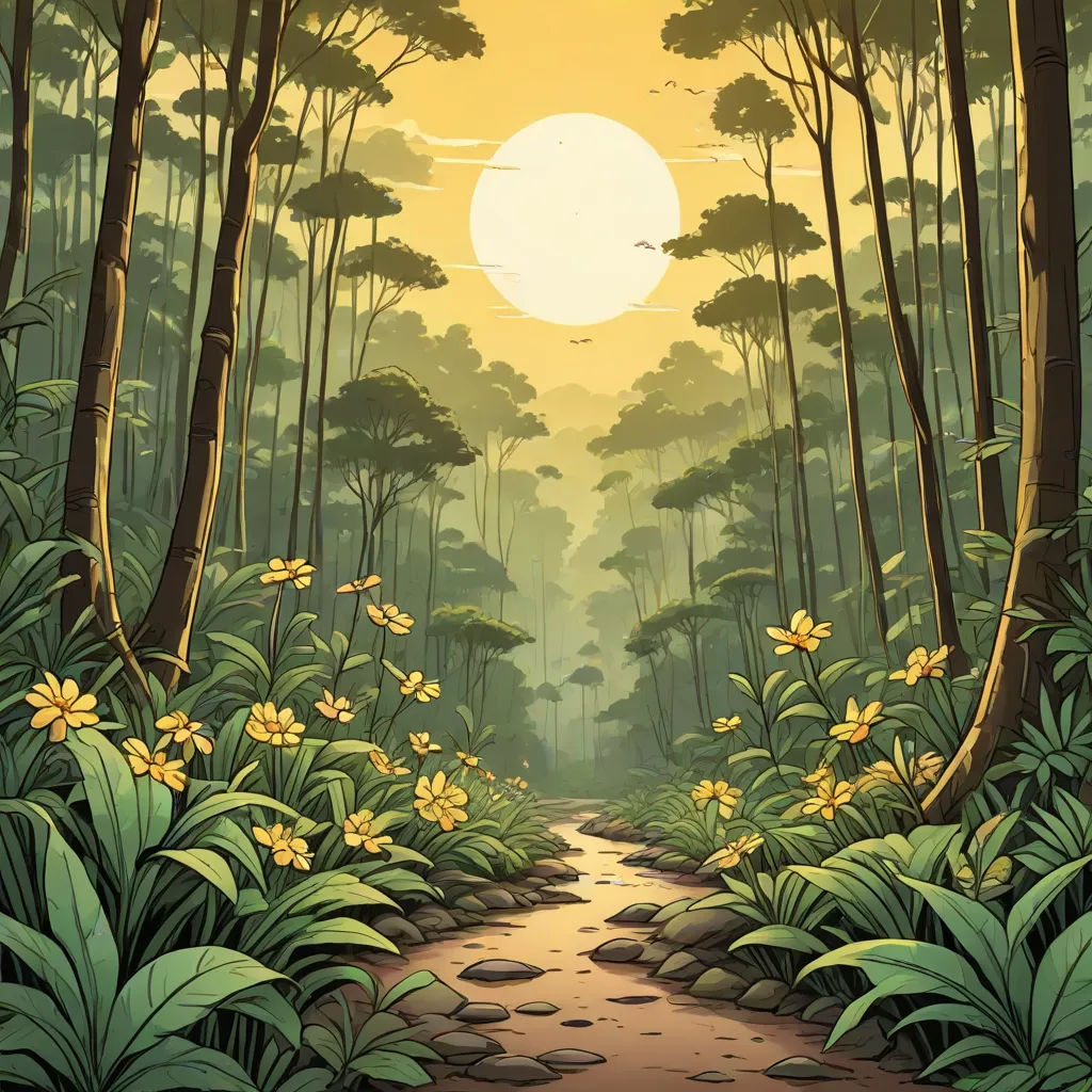 a painting of a forest with a path leading to a sun setting in the distance with flowers and trees, environmental art, a detailed matte painting, Chris LaBrooy, forest