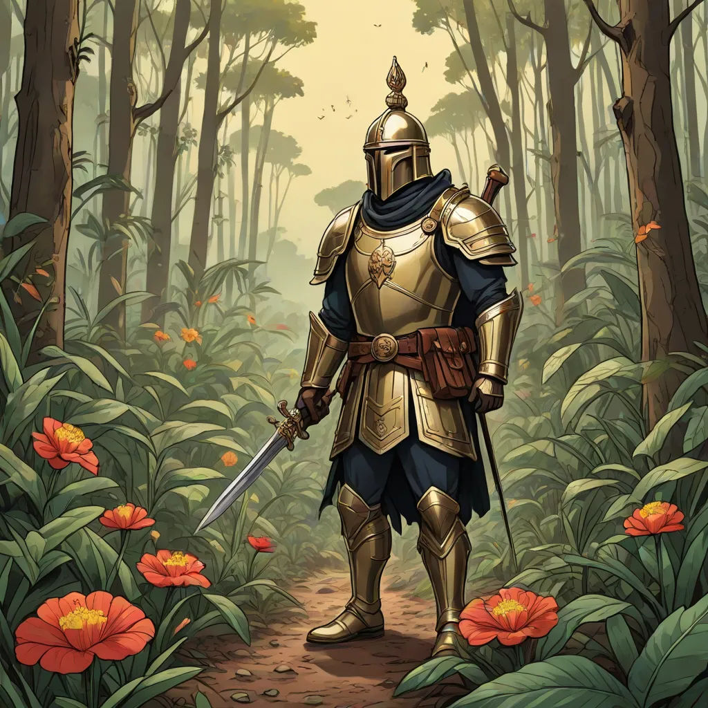 a man in a suit of armor standing in a forest with a sword in his hand and a flower in the foreground, fantasy art, concept art, Clint Cearley, magic the gathering artwork