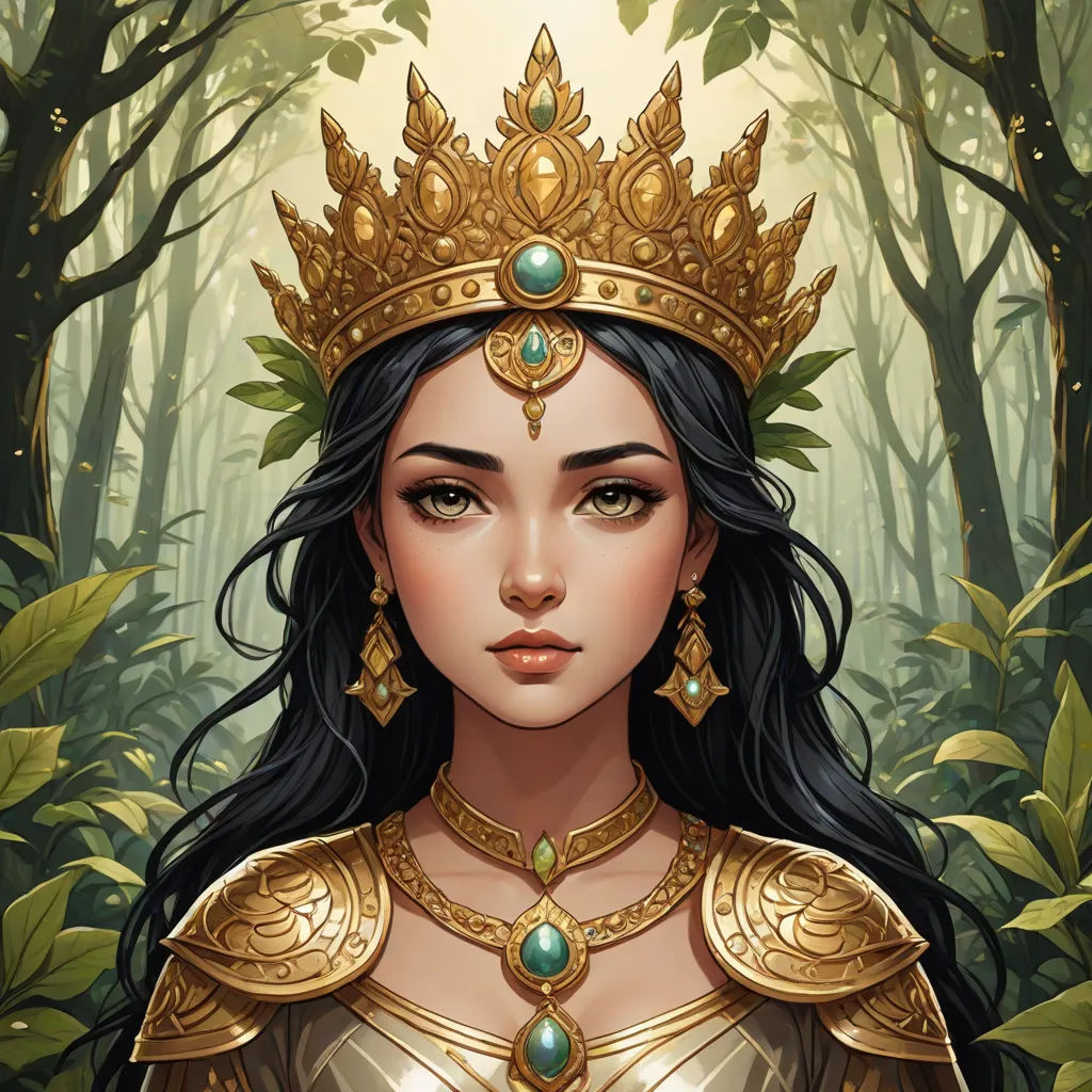 a woman in a crown and dress in the woods with trees behind her and a forest background with leaves, fantasy art, a detailed painting, Charlie Bowater, trending on art station
