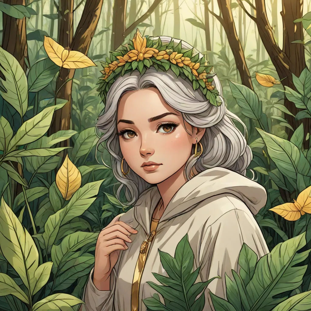 a woman with a wreath on her head standing in the woods with leaves around her head and a forest background, fantasy art, a character portrait, Charlie Bowater, trending on art station