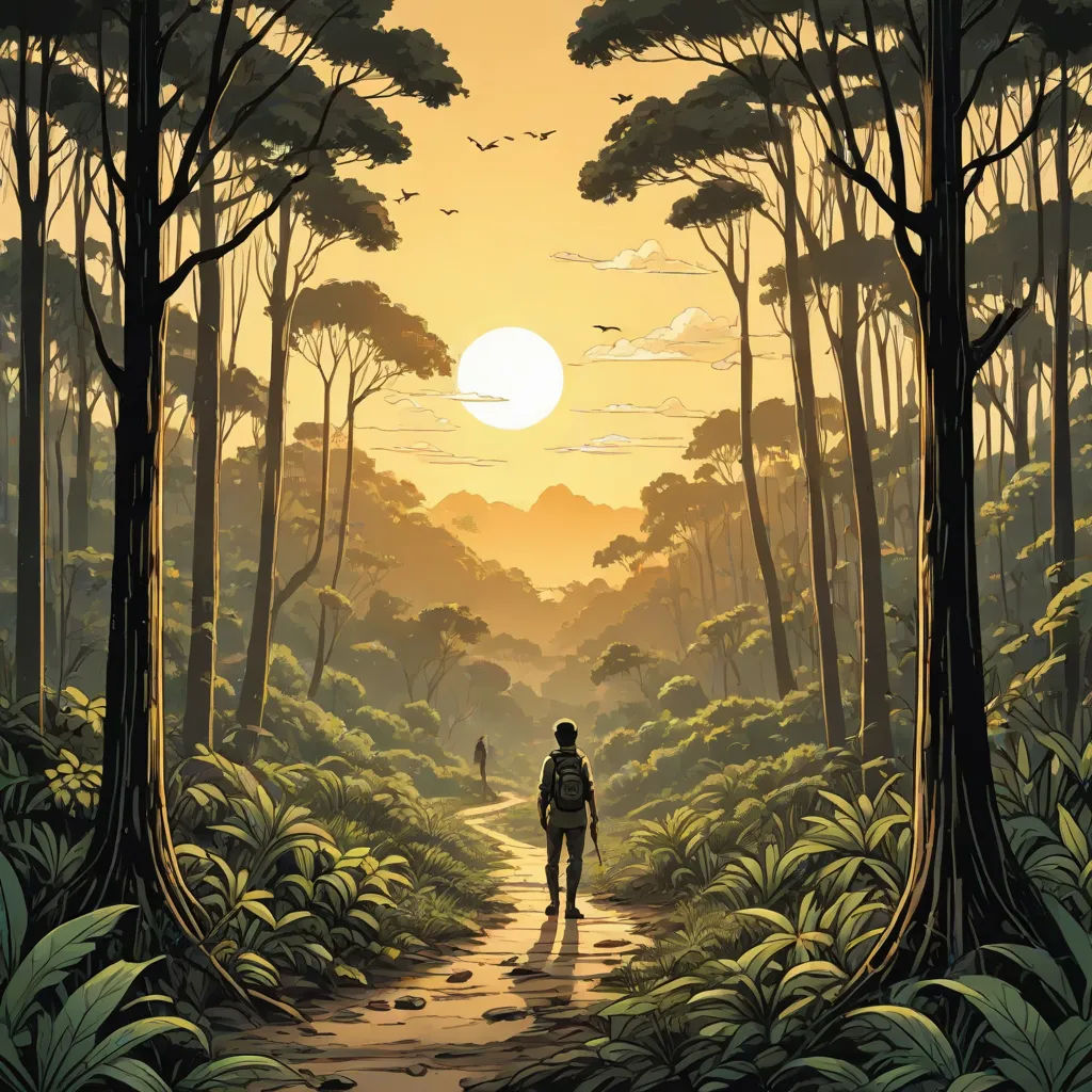 a painting of a person walking down a path in the woods at sunset with a person in the distance, primitivism, a storybook illustration, Dan Mumford, comic cover art