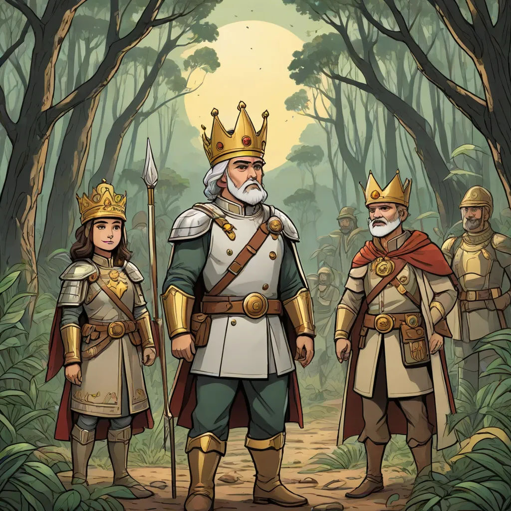 a group of people in medieval costumes standing in a forest with trees and bushes behind them, all wearing crowns, sots art, a character portrait, Diego Gisbert Llorens, 2 d game art