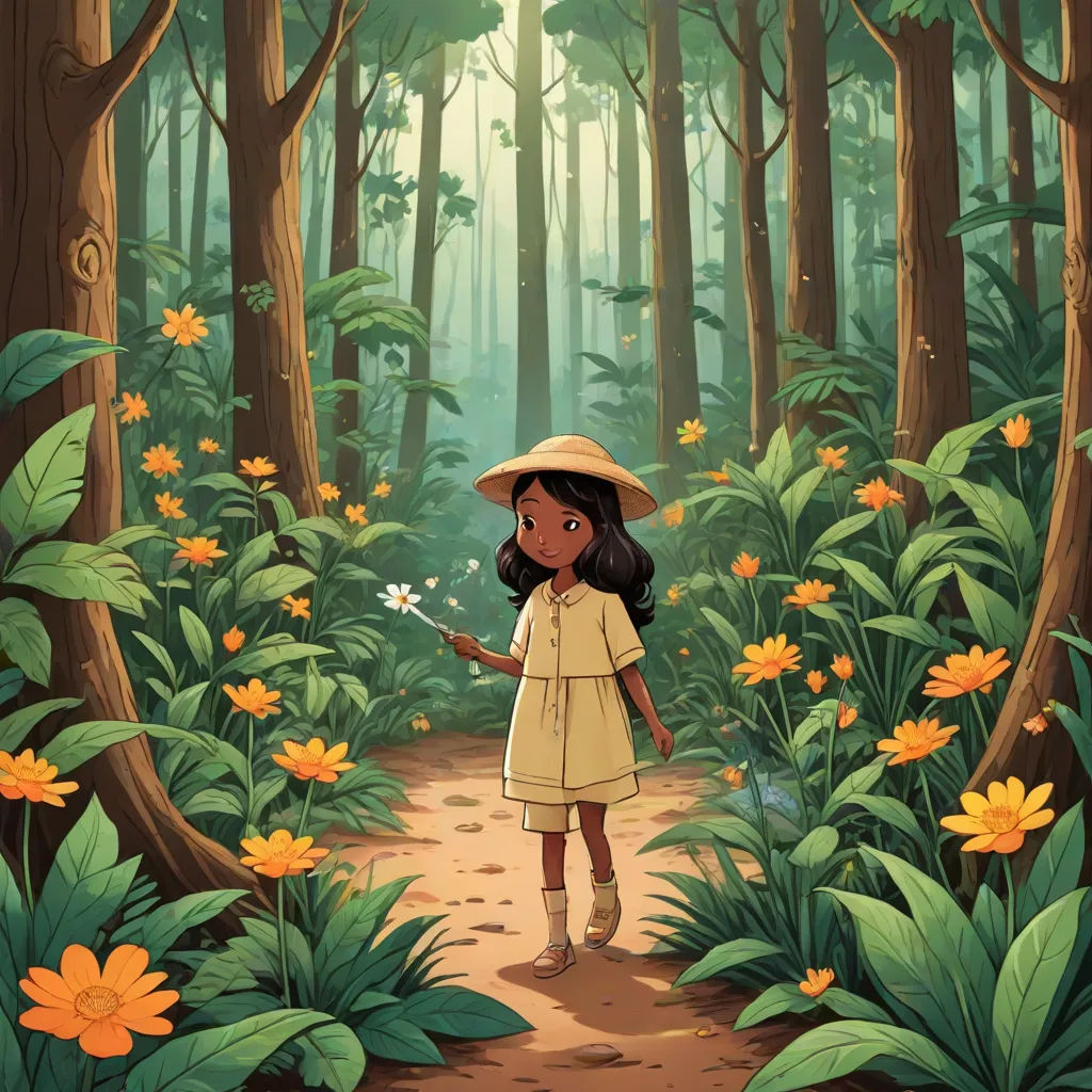 a girl in a yellow dress and hat standing in a forest with flowers and trees around her, looking at a flower, magical realism, a storybook illustration, Cliff Childs, storybook illustration