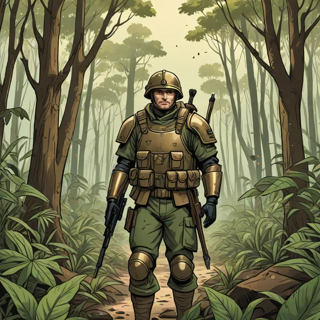 a man in a military uniform standing in a forest with a rifle in his hand and a gun in his hand, antipodeans, concept art, Dan Mumford, comic cover art