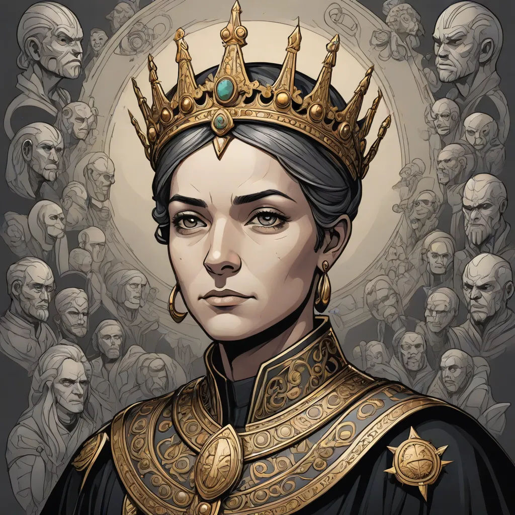 a woman wearing a crown with many heads in the background of a crowd of people in the background of a painting, fantasy art, a character portrait, Cedric Peyravernay, trending on artstation hq