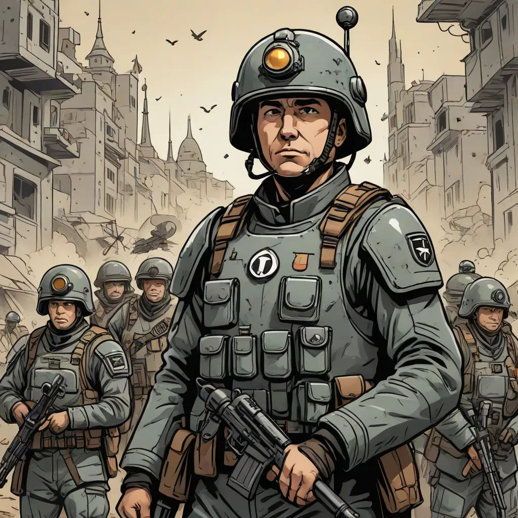 a cartoon of a soldier standing in front of a group of soldiers in a city with buildings and birds, antipodeans, a character portrait, David Palumbo, comic cover art