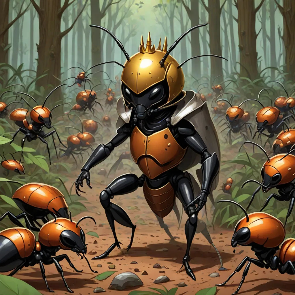 a group of bugs in a forest with a man in a suit on his back and a crown on his head, fantasy art, concept art, Craola, magic the gathering artwork