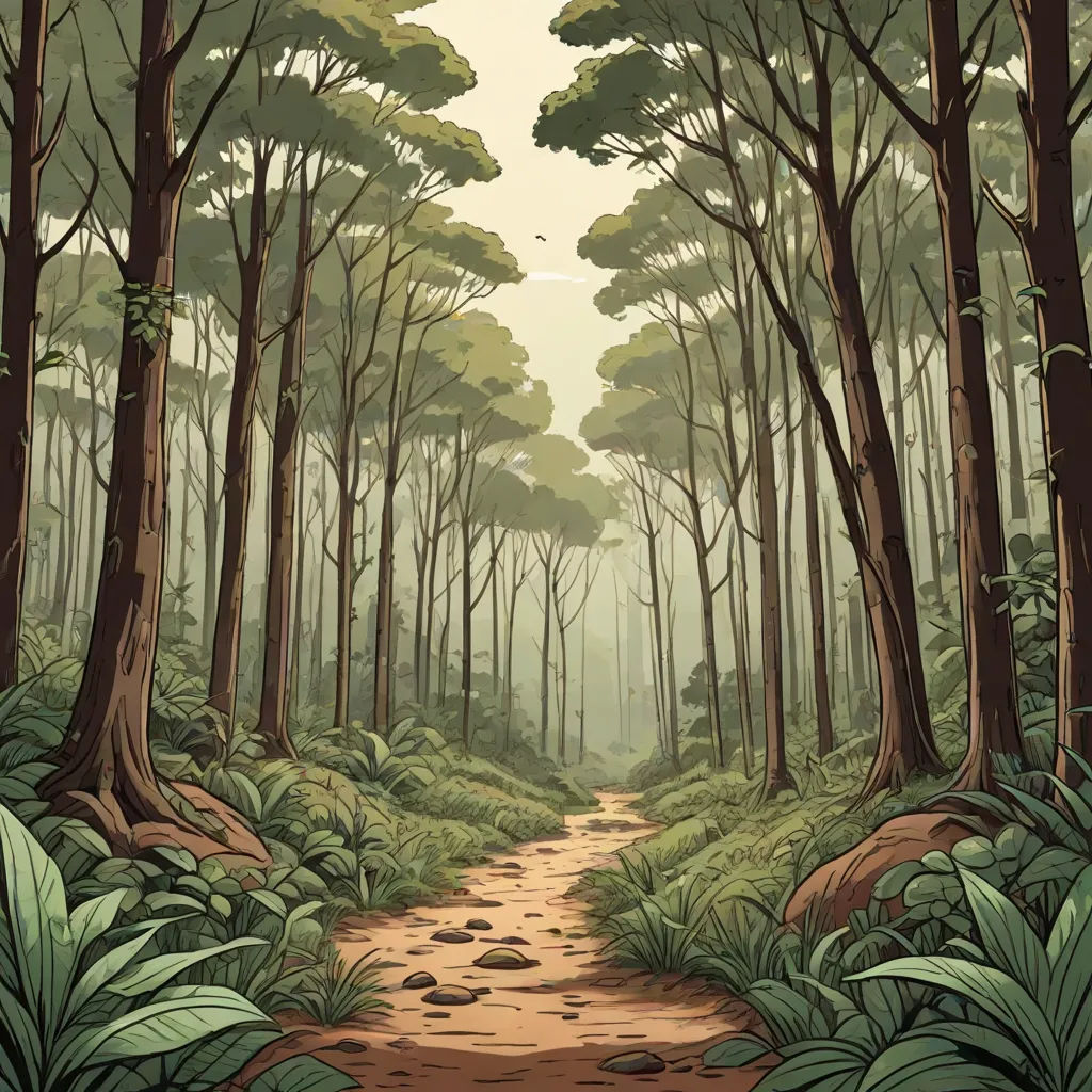 a painting of a path through a forest with lots of trees and plants on both sides of the path, environmental art, a detailed matte painting, Dan Mumford, forest
