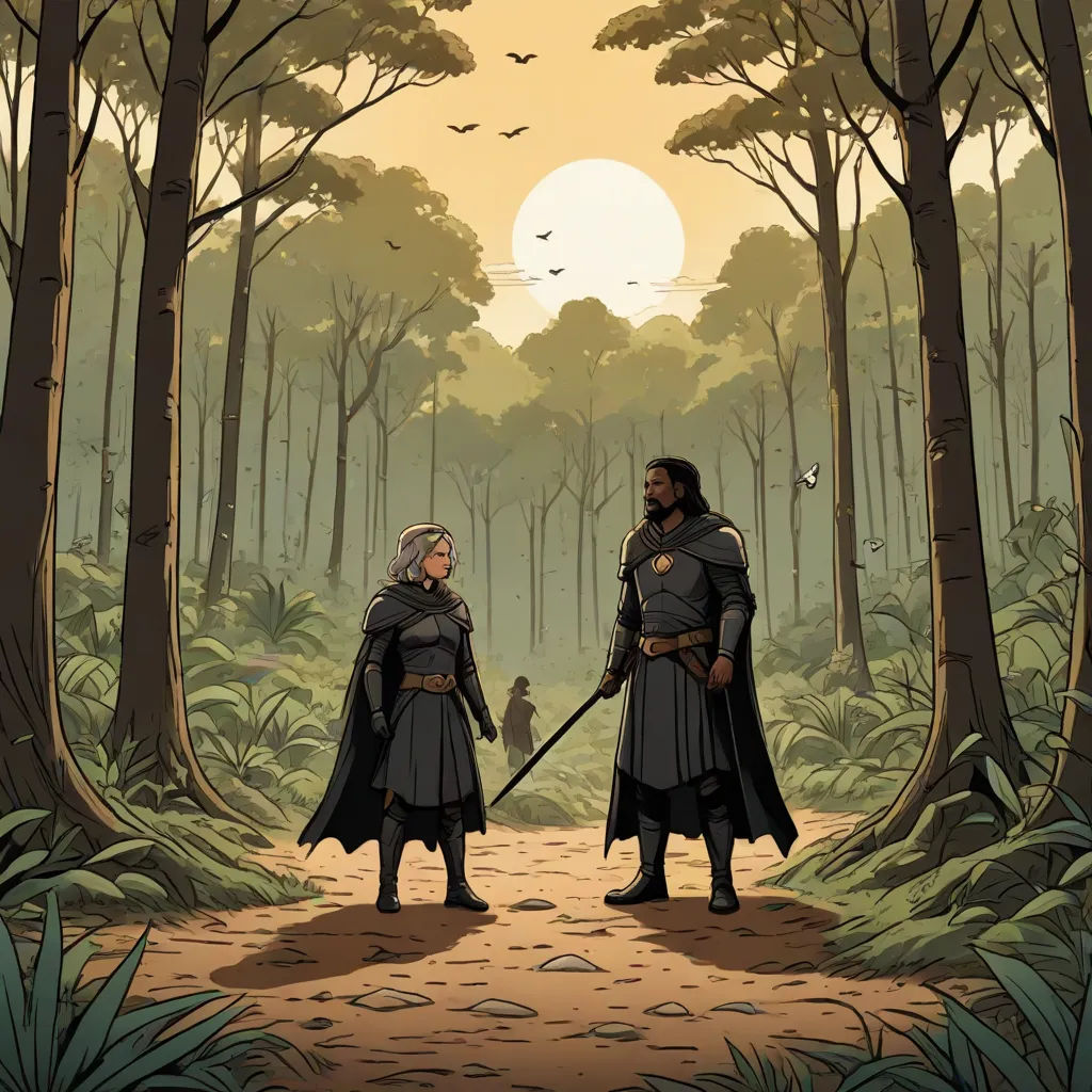 two people in medieval costumes standing in a forest with a sword in their hands and a bird flying overhead, fantasy art, a comic book panel, Dan Mumford, graphic novel