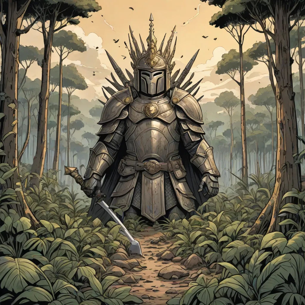 a knight in a forest with a sword and a sword in his hand, standing in the middle of a path, fantasy art, concept art, Dan Mumford, epic fantasy character art