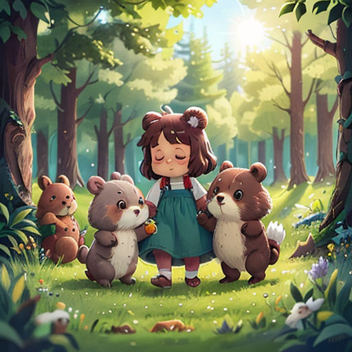 a girl standing in the woods surrounded by bears and other animals, with her eyes closed and her head down
