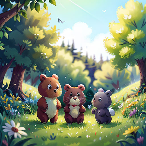 a group of bears standing in a forest with a butterfly flying overhead in the sky above them, and a bear and a bear cub sitting in the grass