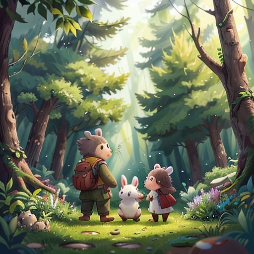 a couple of animals that are in the woods together in the day time time, with a person holding a backpack