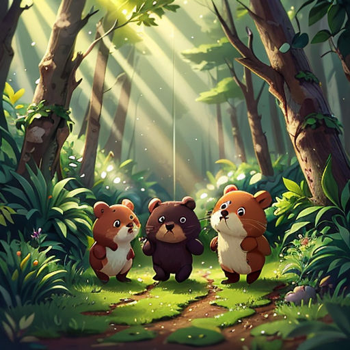 three bears are walking through a forest with sunlight streaming through the trees and leaves on the ground, and a path leading to them