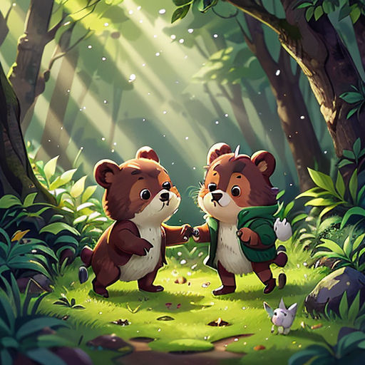 two bears are walking through a forest with a cat nearby and a cat in the foreground, with a light shining on the ground