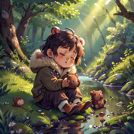 a girl sitting on the ground with a teddy bear in her lap and a forest background with a stream