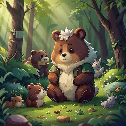 a bear with a backpack in the forest with other bears around it and a bird on its back,