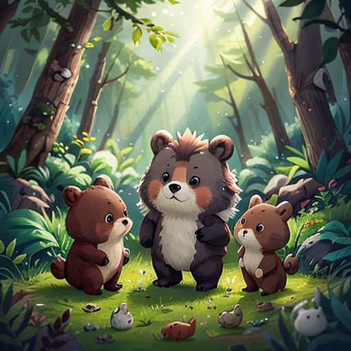 a group of bears standing in the middle of a forest with a baby bear in the middle of the forest