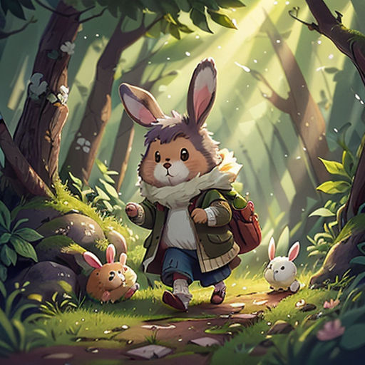 a rabbit is walking through a forest with other animals in it's back pack and a backpack on its back