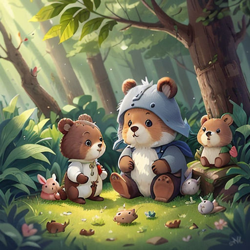 a group of teddy bears sitting in the woods together with a forest background and trees and grass and leaves