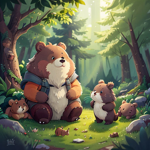 a bear and two bears are sitting in the woods together, with a forest background and a sunbeam