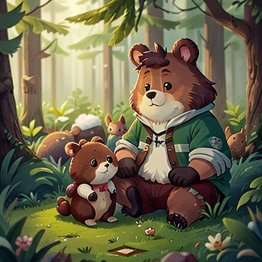 a bear and a bear cub sitting in the woods together, surrounded by other bears and other animals, with a forest background