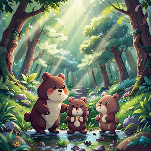 a group of animals standing in the middle of a forest with sunlight streaming through the trees and leaves on the ground