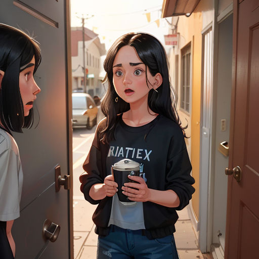 a girl holding a can of soda standing next to another girl in a doorway with a surprised look on her face