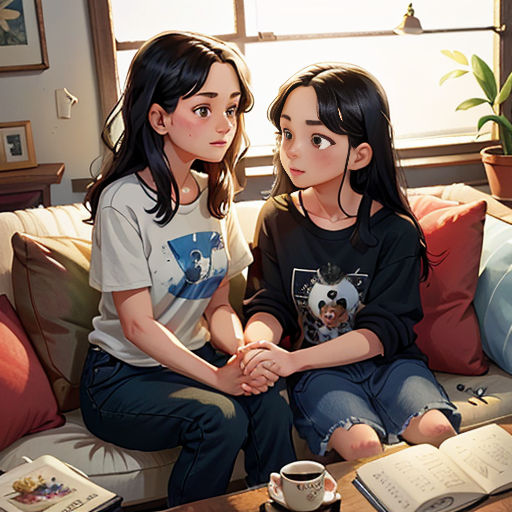 two girls sitting on a couch with a book and a cup of coffee in front of them, both looking at the camera