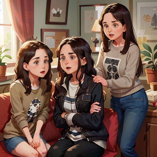 three girls sitting on a couch in a living room with a window behind them and a plant in the corner
