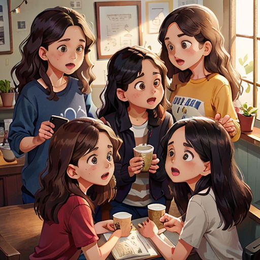a group of girls sitting at a table with a book and a cup of coffee in front of them