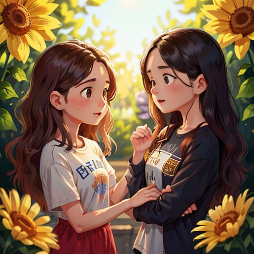 two girls standing in front of a sunflower field with one holding the other's hand and the other holding the other's hand