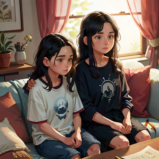 two girls sitting on a couch in front of a window with a book on the table next to them