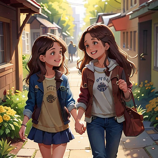 two girls walking down a street holding hands and smiling at the camera, with a house in the background