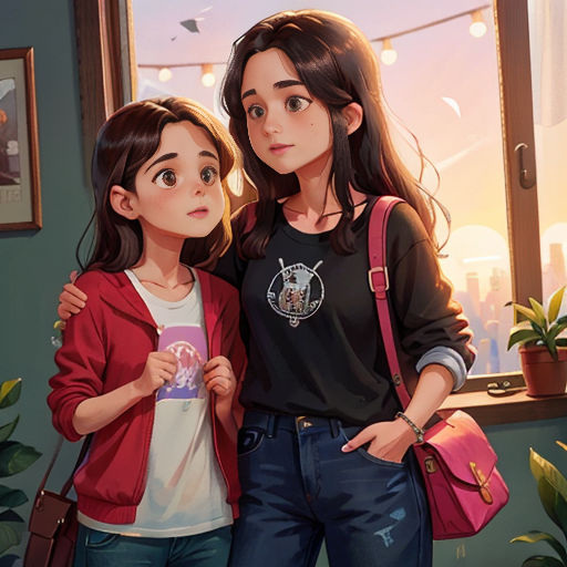 two girls standing next to each other in front of a window with a view of the city outside of the window