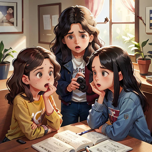 three girls sitting at a table with a book and a camera in front of them, looking at a book