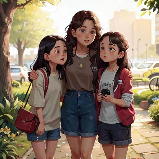 three girls standing next to each other on a sidewalk with a tree in the background and a building in the background