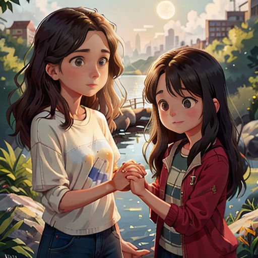 two girls standing next to each other in front of a river and a cityscape with a bridge