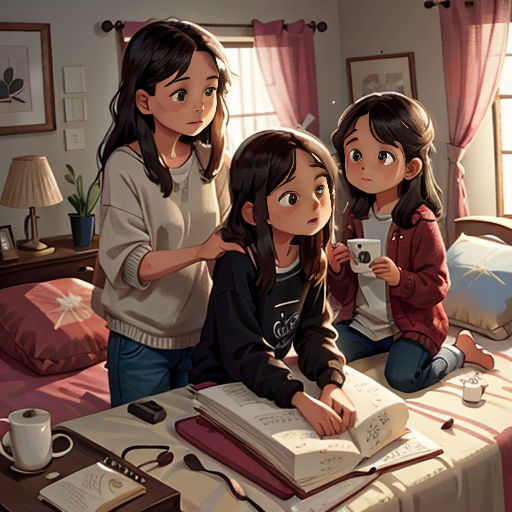 three girls sitting on a bed looking at a book and a cup of coffee in front of them,