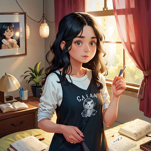 a girl holding a pen and looking at a book in a bedroom with a window and a desk with books