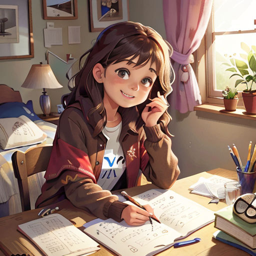 a girl sitting at a desk with a book and pencils in front of her and a book on the desk