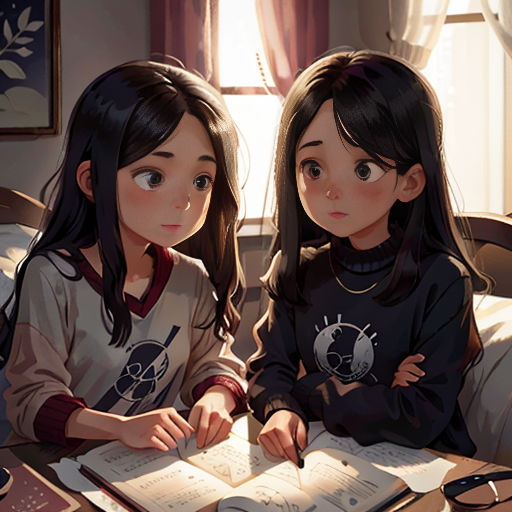 two girls sitting on a bed writing in a book together, with a window in the background and a window behind them