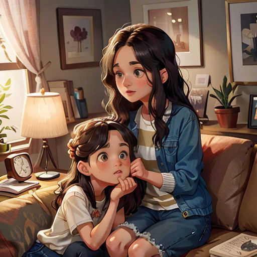 a woman and a child sitting on a couch in a living room next to a lamp and a clock
