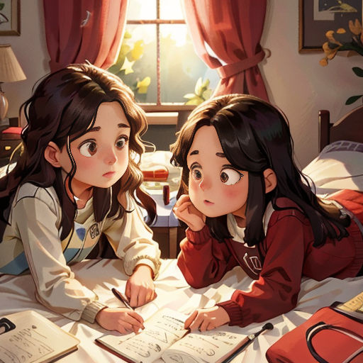 two girls laying on a bed writing in a book together, with a window in the background and a red book on the bed