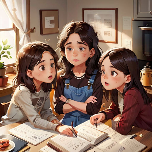 three girls sitting at a table with books and papers in front of them, looking at a laptop computer